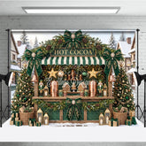 Aperturee - Aperturee Charming Green and Gold Hot Cocoa Holiday Backdrop Snowy Village Christmas Party Decor with Gingerbread Houses