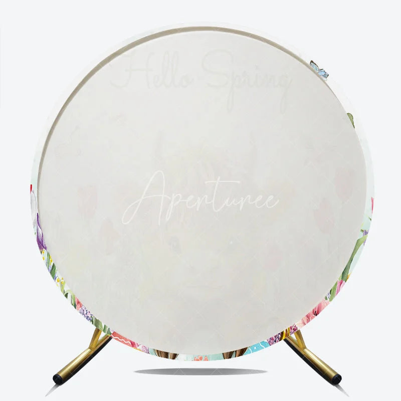 Aperturee - Aperturee Charming Hello Spring Fluffy Highland Cow Round Backdrop Colorful Tulips and Easter Eggs with Baby Chick