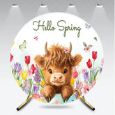 Aperturee - Aperturee Charming Hello Spring Fluffy Highland Cow Round Backdrop Colorful Tulips and Easter Eggs with Baby Chick