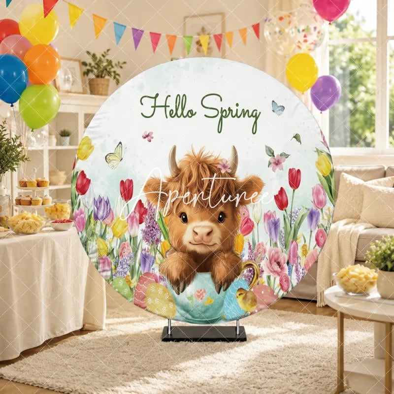 Aperturee - Aperturee Charming Hello Spring Fluffy Highland Cow Round Backdrop Colorful Tulips and Easter Eggs with Baby Chick