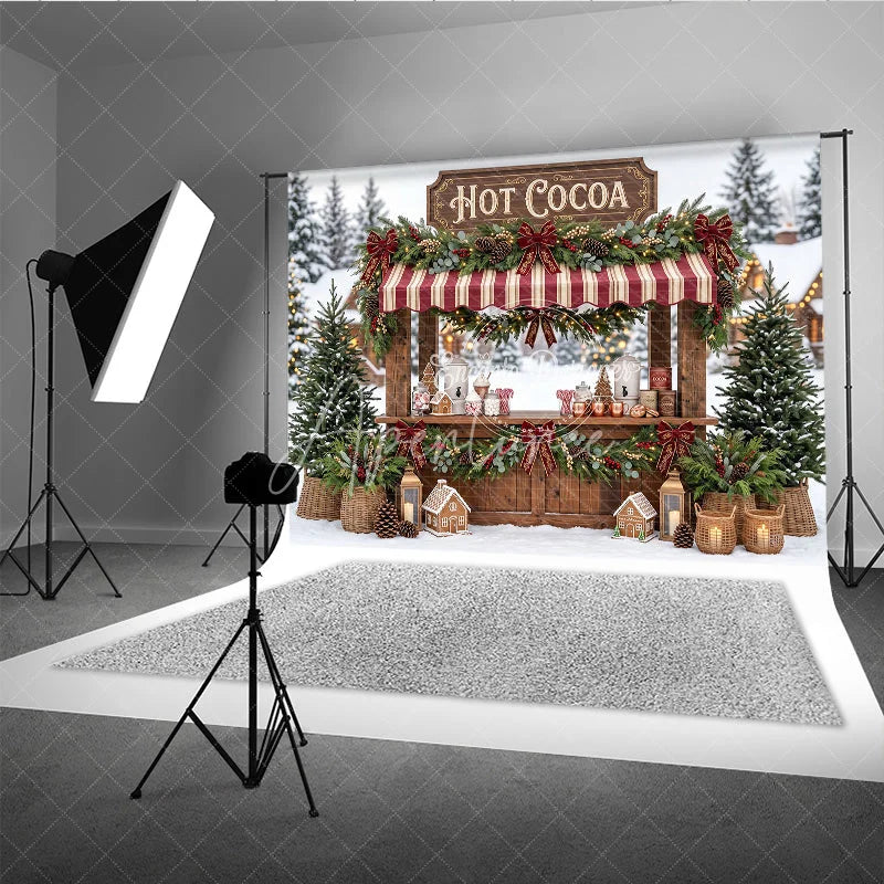 Aperturee - Aperturee Charming Hot Cocoa Stand Holiday Backdrop with Snowy Winter Scene Gingerbread Houses and Christmas Decor