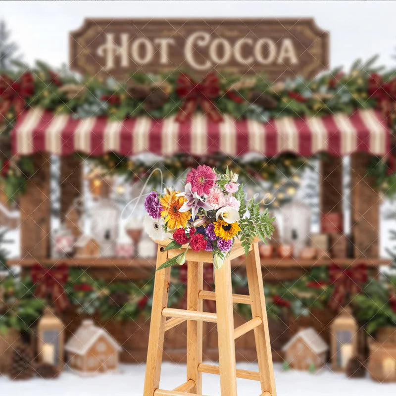 Aperturee - Aperturee Charming Hot Cocoa Stand Holiday Backdrop with Snowy Winter Scene Gingerbread Houses and Christmas Decor