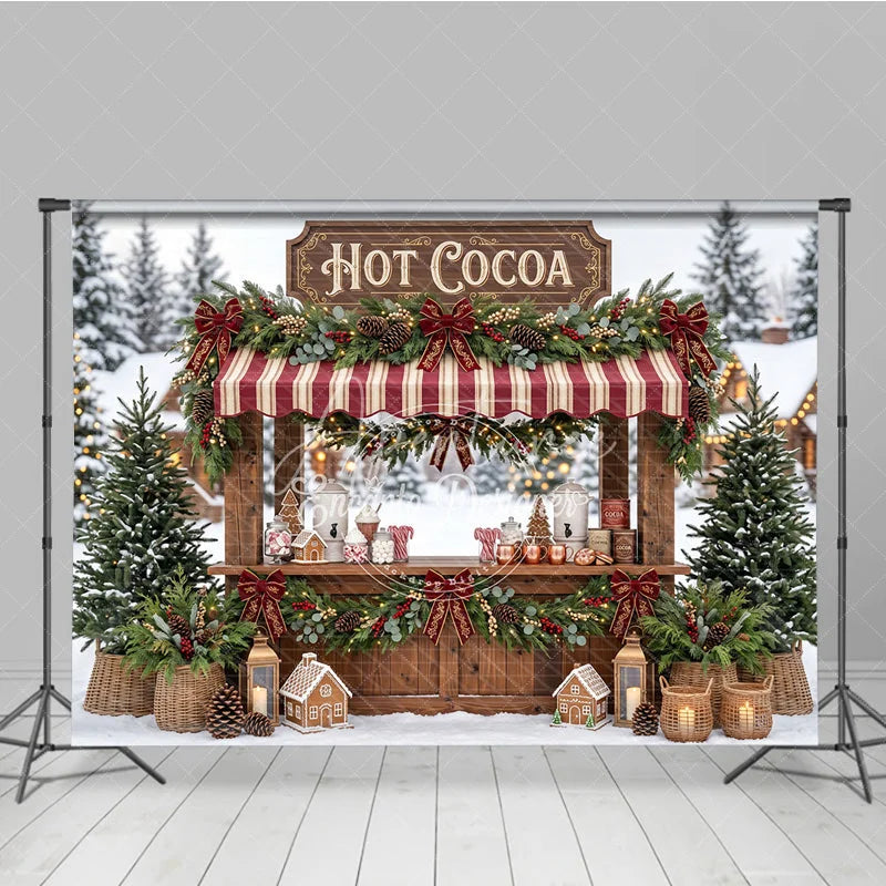 Aperturee - Aperturee Charming Hot Cocoa Stand Holiday Backdrop with Snowy Winter Scene Gingerbread Houses and Christmas Decor