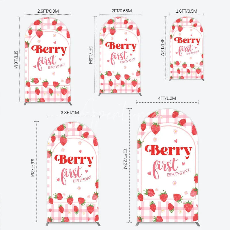 Aperturee - Aperturee Charming Pink Gingham Strawberry Berry First Birthday Round Top Arch Backdrop Sweet Party Decor