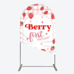Aperturee - Aperturee Charming Pink Gingham Strawberry Berry First Birthday Round Top Arch Backdrop Sweet Party Decor