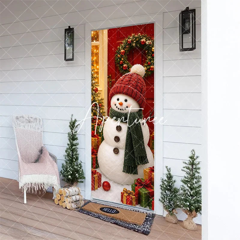 Aperturee - Aperturee Charming Snowman with Red Knitted Hat and Green Scarf Christmas Door Cover Winter Holiday Party Decoration