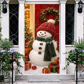 Aperturee - Aperturee Charming Snowman with Red Knitted Hat and Green Scarf Christmas Door Cover Winter Holiday Party Decoration