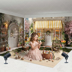 Aperturee - Aperturee Charming Spring Easter Room Set Backdrop with Yellow Striped Awning Colorful Flowers and Eggs for Photography