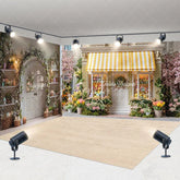 Aperturee - Aperturee Charming Spring Easter Room Set Backdrop with Yellow Striped Awning Colorful Flowers and Eggs for Photography