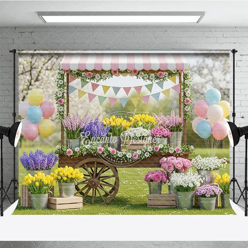Aperturee - Aperturee Charming Spring Garden Flower Cart Photography Backdrop Pastel Balloons and Floral Market Decor
