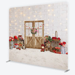 Aperturee - Aperturee Charming Strawberry Farmhouse White Brick Wall Wooden Door Square Double-Sided Backdrop Spring Summer Party Decor