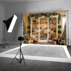 Aperturee - Aperturee Charming Winter Holiday Backdrop with Gingerbread Houses Decorated Christmas Trees Festive Decor Rustic Shelf Display