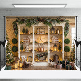Aperturee - Aperturee Charming Winter Holiday Backdrop with Gingerbread Houses Decorated Christmas Trees Festive Decor Rustic Shelf Display