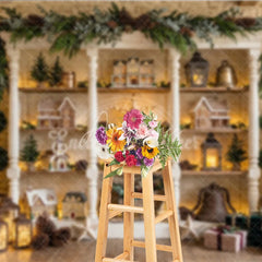 Aperturee - Aperturee Charming Winter Holiday Backdrop with Gingerbread Houses Decorated Christmas Trees Festive Decor Rustic Shelf Display