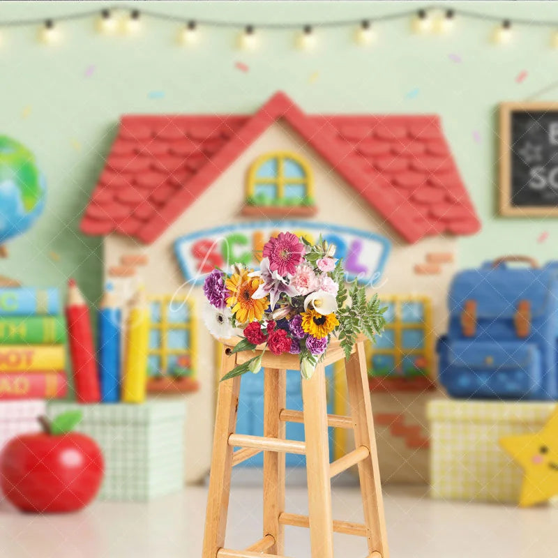 Aperturee - Aperturee Cheerful Back to School Photography Backdrop with School Building Globe and Books for Kids’ Photoshoot