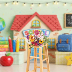 Aperturee - Aperturee Cheerful Back to School Photography Backdrop with School Building Globe and Books for Kids’ Photoshoot