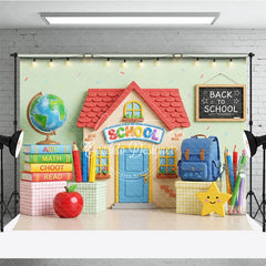 Aperturee - Aperturee Cheerful Back to School Photography Backdrop with School Building Globe and Books for Kids’ Photoshoot