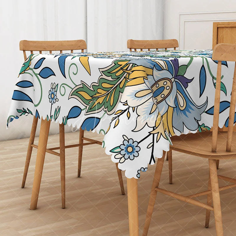 Aperturee - Aperturee Cheerful Floral Rectangle Tablecloth in White Blue and Yellow for Spring and French Country Decor