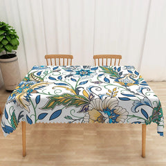 Aperturee - Aperturee Cheerful Floral Rectangle Tablecloth in White Blue and Yellow for Spring and French Country Decor