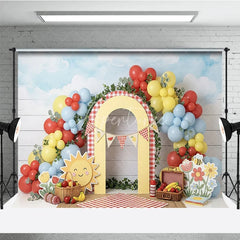 Aperturee - Aperturee Cheerful Picnic Photography Backdrop with Red Yellow Blue Balloons Gingham Arch and Summer Fruits for Birthday Party