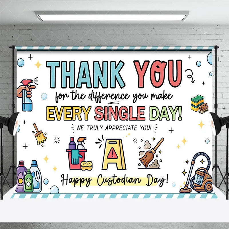 Aperturee - Aperturee Cheerful Thank You Custodian Day Holiday Backdrop Staff Appreciation with Cleaning Tools and Bubbles