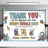 Aperturee - Aperturee Cheerful Thank You Custodian Day Holiday Backdrop Staff Appreciation with Cleaning Tools and Bubbles