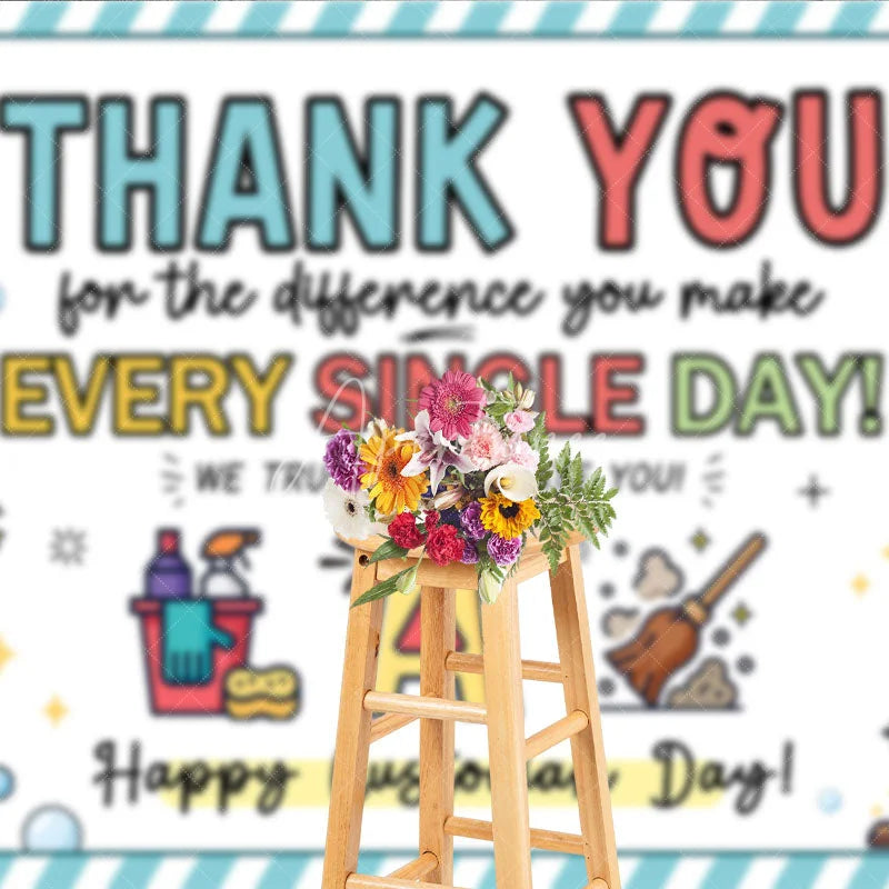 Aperturee - Aperturee Cheerful Thank You Custodian Day Holiday Backdrop Staff Appreciation with Cleaning Tools and Bubbles