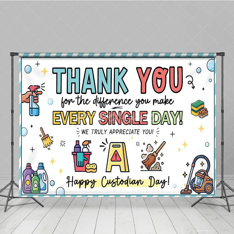 Aperturee - Aperturee Cheerful Thank You Custodian Day Holiday Backdrop Staff Appreciation with Cleaning Tools and Bubbles