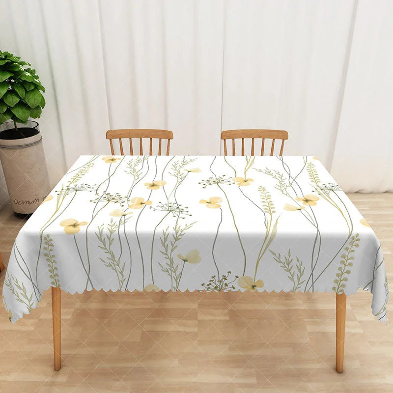Aperturee - Aperturee Cheerful Yellow Floral Tablecloth with Green Leaves on White for Spring and Summer Kitchen Dining