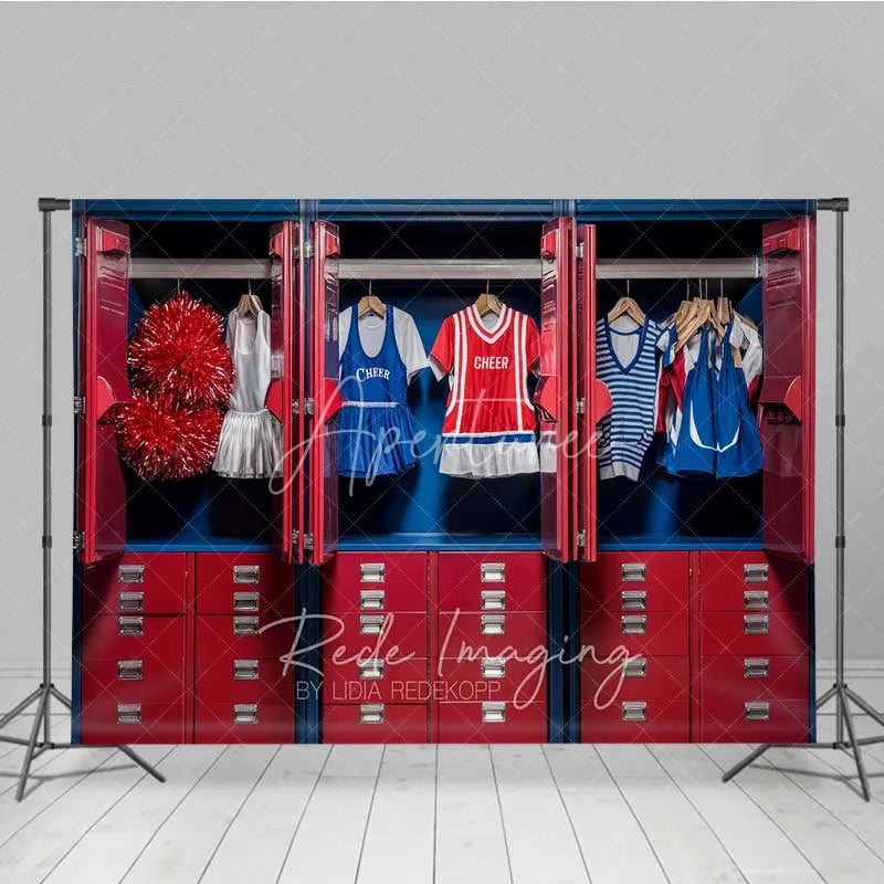 Aperturee - Aperturee Cheerleader Locker Room Sports Photography Backdrop Red Blue Uniform Pom Pom School Spirit Background