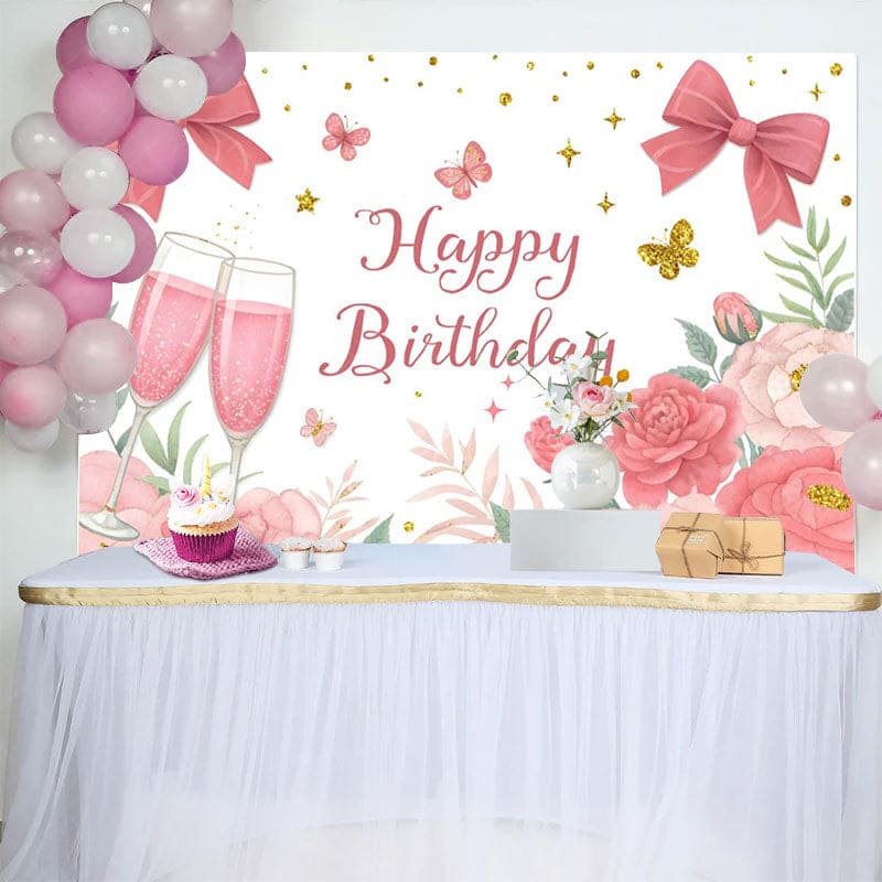 Aperturee - Aperturee Cheers To Birthday Bows Floral Birthday Backdrop