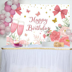 Aperturee - Aperturee Cheers To Birthday Bows Floral Birthday Backdrop