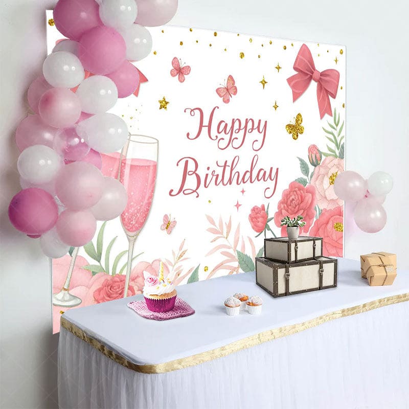 Aperturee - Aperturee Cheers To Birthday Bows Floral Birthday Backdrop