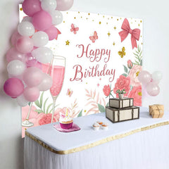 Aperturee - Aperturee Cheers To Birthday Bows Floral Birthday Backdrop