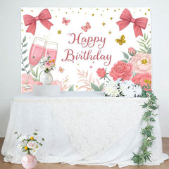 Aperturee - Aperturee Cheers To Birthday Bows Floral Birthday Backdrop