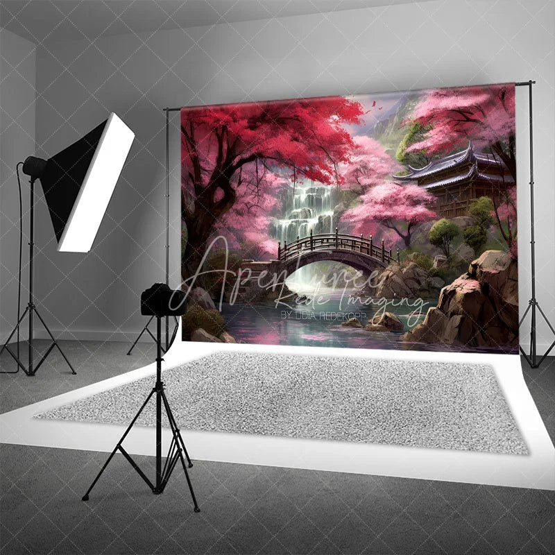 Aperturee - Aperturee Cherry Blossom Garden Backdrop Wooden Bridge and Waterfall Photography Background for Spring Asian Architecture