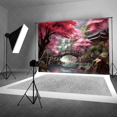 Aperturee - Aperturee Cherry Blossom Garden Backdrop Wooden Bridge and Waterfall Photography Background for Spring Asian Architecture