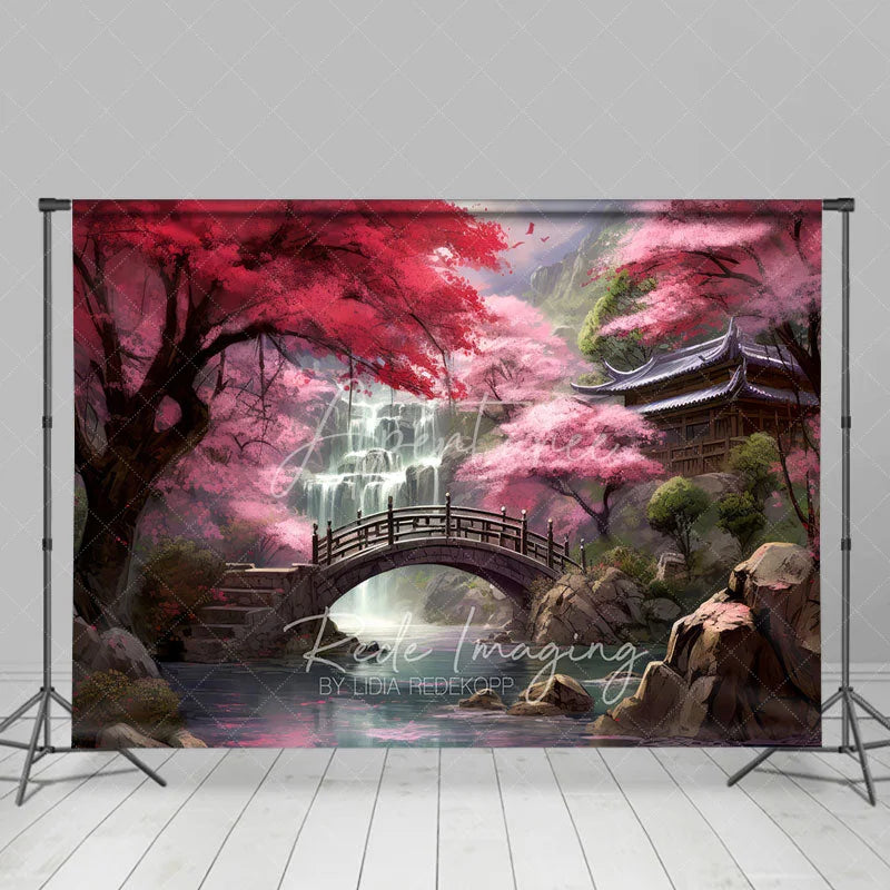 Aperturee - Aperturee Cherry Blossom Garden Backdrop Wooden Bridge and Waterfall Photography Background for Spring Asian Architecture