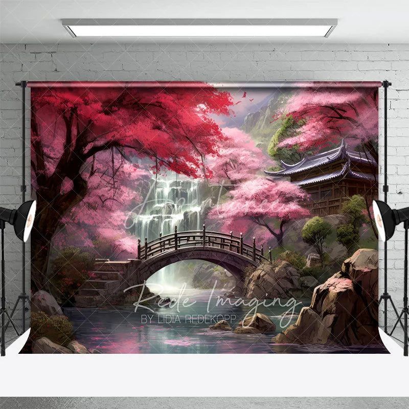 Aperturee - Aperturee Cherry Blossom Garden Backdrop Wooden Bridge and Waterfall Photography Background for Spring Asian Architecture