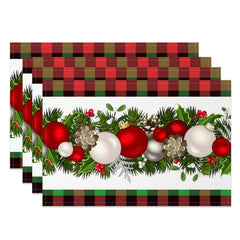 Aperturee - Aperturee Cherry Leaves Bauble Plaid Xmas Set Of 4 Placemats