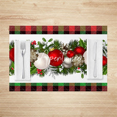 Aperturee - Aperturee Cherry Leaves Bauble Plaid Xmas Set Of 4 Placemats