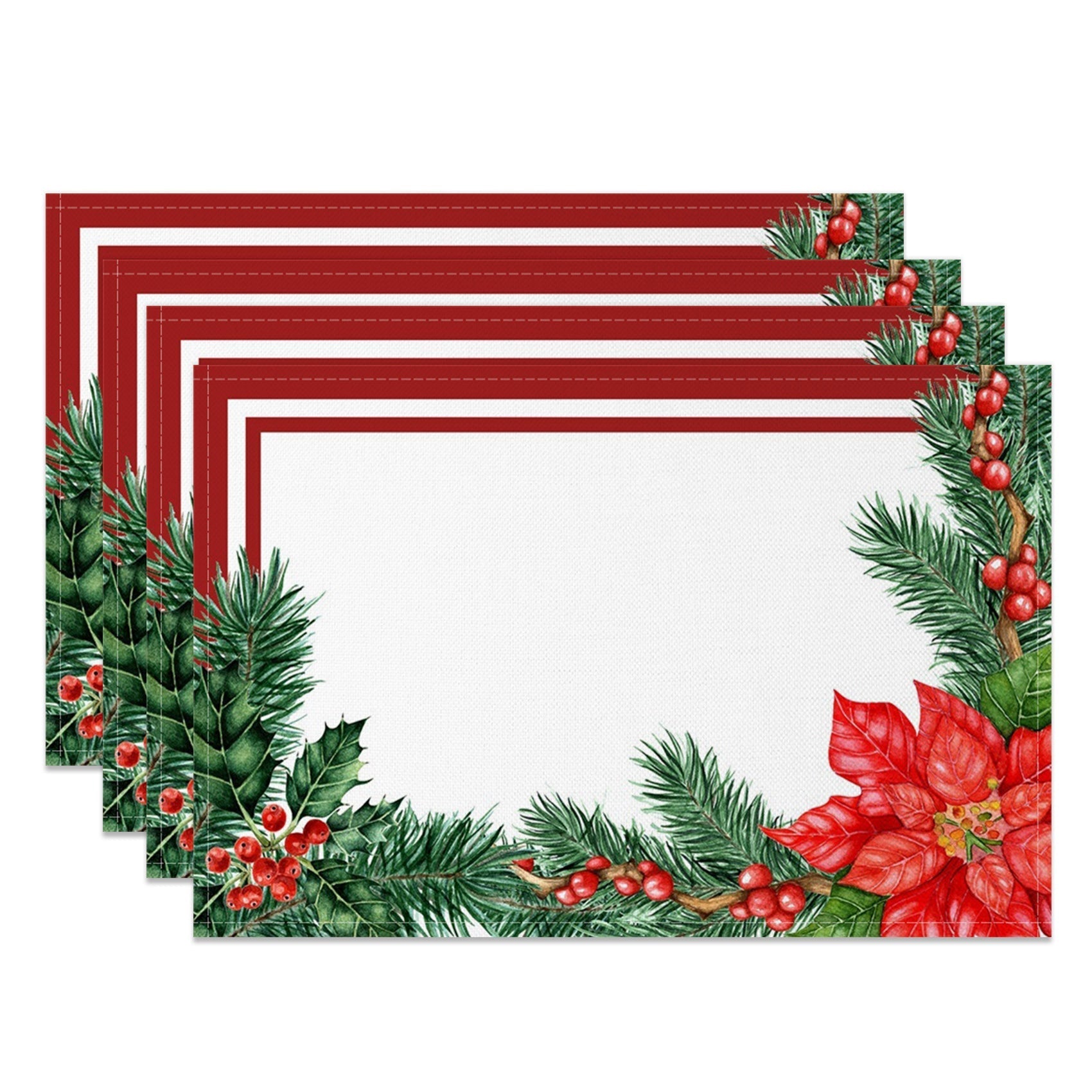 Aperturee - Aperturee Cherry Leaves Poinsettia Xmas Set Of 4 Placemats