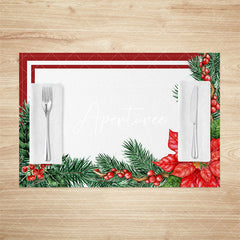 Aperturee - Aperturee Cherry Leaves Poinsettia Xmas Set Of 4 Placemats