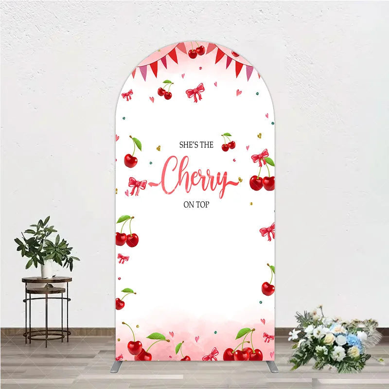 Aperturee - Aperturee Cherry Theme Arch Backdrop Pink Watercolor Fruit Red Bows Background She Is The Cherry On Top Baby Shower Arch Cover