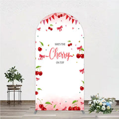 Aperturee - Aperturee Cherry Theme Arch Backdrop Pink Watercolor Fruit Red Bows Background She Is The Cherry On Top Baby Shower Arch Cover