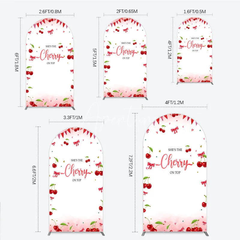 Aperturee - Aperturee Cherry Theme Arch Backdrop Pink Watercolor Fruit Red Bows Background She Is The Cherry On Top Baby Shower Arch Cover