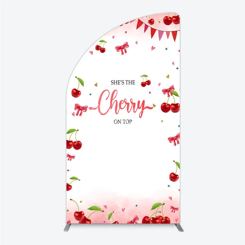 Aperturee - Aperturee Cherry Theme Half Moon Arch Backdrop Pink Watercolor Fruit Red Bows Background She Is The Cherry On Top Baby Shower