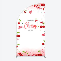 Aperturee - Aperturee Cherry Theme Half Moon Arch Backdrop Pink Watercolor Fruit Red Bows Background She Is The Cherry On Top Baby Shower