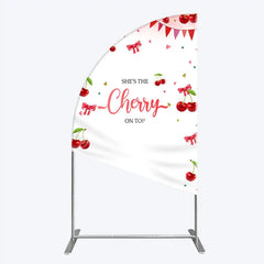 Aperturee - Aperturee Cherry Theme Half Moon Arch Backdrop Pink Watercolor Fruit Red Bows Background She Is The Cherry On Top Baby Shower