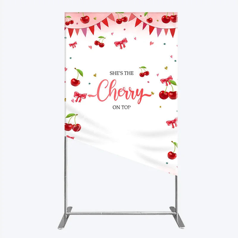 Aperturee - Aperturee Cherry Theme Rectangle Backdrop Pink Watercolor Fruit Red Bows Background She Is The Cherry On Top Baby Shower